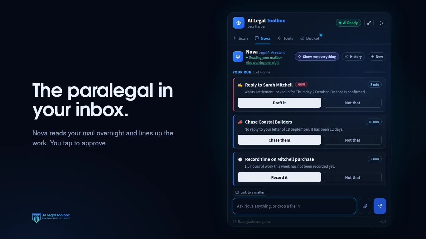 Nova in the AI Legal Toolbox Outlook pane showing prepared work cards with Draft it, Chase them and Record it actions.